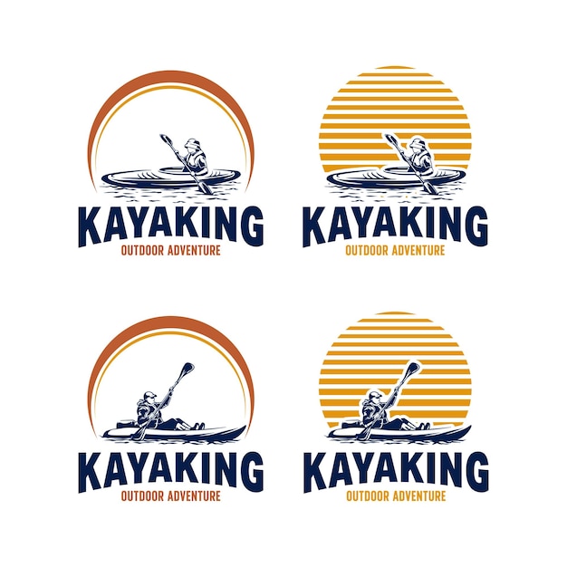 Vector kayak boat paddle pedal silhouette of river stream kayaking logo design