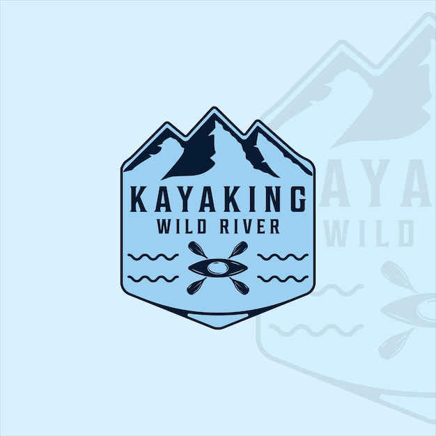 Kayak at river mountain logo vintage vector illustration template icon graphic design. kayaking or canoe sign or symbol for adventure sport