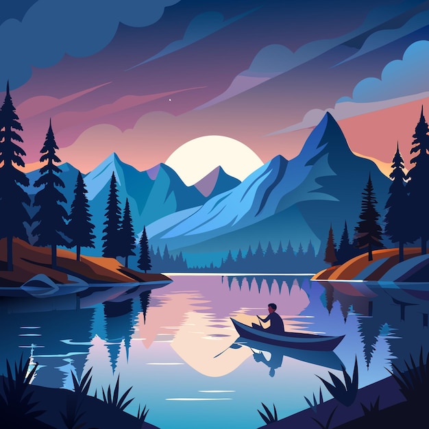 Vector a kayaker paddling through a serene lake at dusk with mountains and pine forests