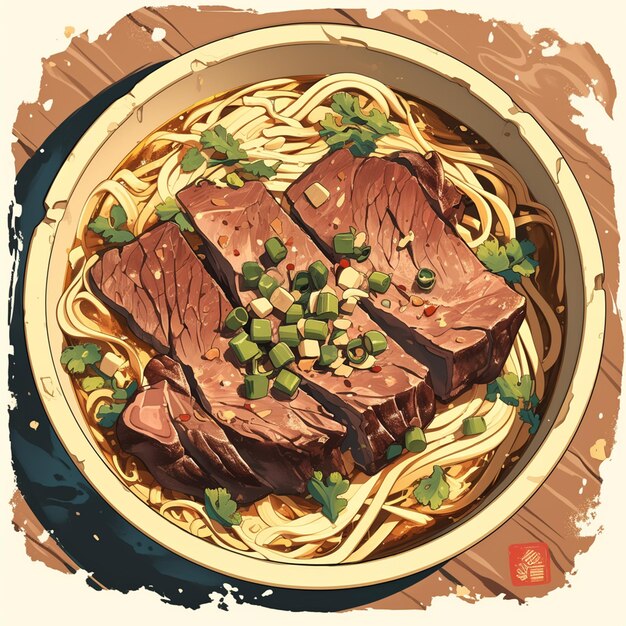 Vector kazakh beshbarmak and boiled meat with noodles