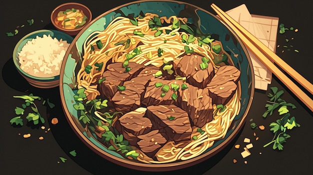 Vector kazakh beshbarmak and boiled meat with noodles