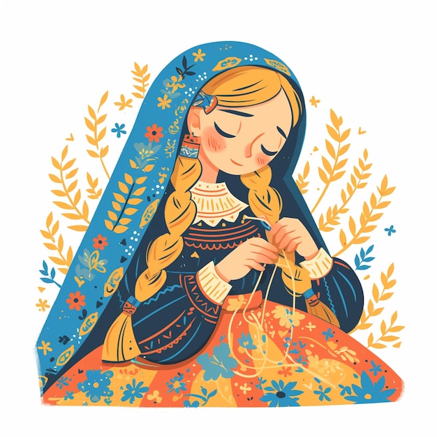 Vector kazakh woman in traditional embroiderers attire