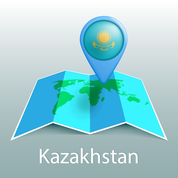 Vector kazakhstan flag world map in pin with name of country on gray background