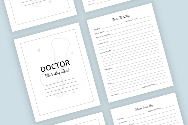 KDP interior medical logbook. Health Care Log Book and medical Tracker. Medical Visit Log Book. Doctor visiting logbook KDP interior. Doctor stethoscope watermark vector. Medical notebook.