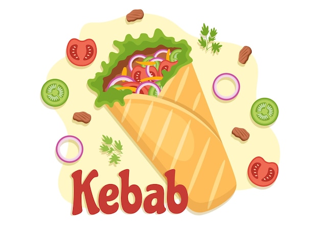 Kebab Illustration with Stuffing Chicken or Beef Meat Salad and Vegetables in Bread Tortilla Wrap