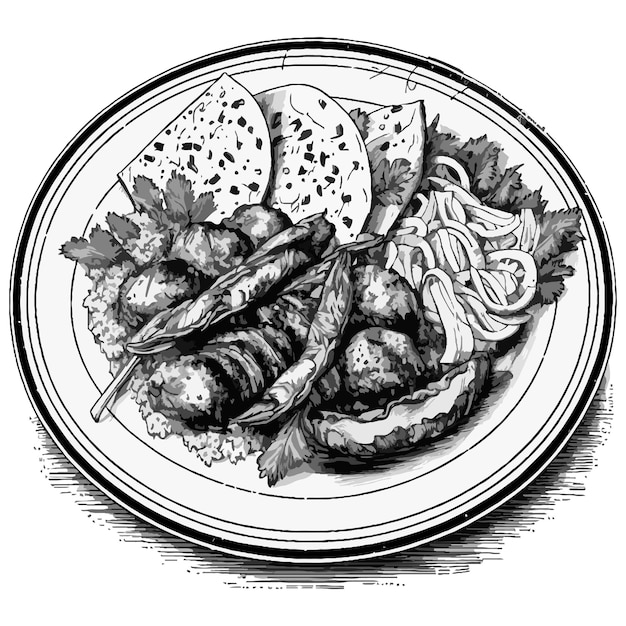 Kebab plate portion sketch vector menu design