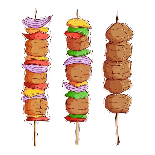 Kebab Skewers with meat, tomatoes, onions, bell peppers for bbq party or takeout restaurant