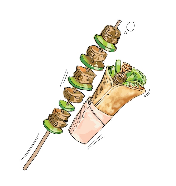 Vector kebab and wrap turkey food culture food from turkey by watercolor effect