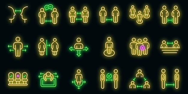 Keep distance icons set. Outline set of keep distance vector icons neon color on black