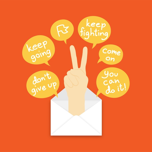 Keep fighting hand sign language pop up from mail and text box on orange color background