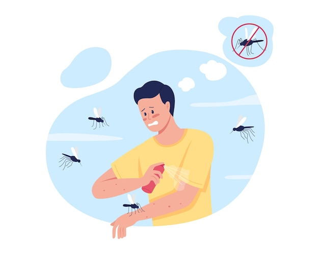 Keeping mosquitoes away while summer camping 2D isolated . Insect repellent use. Stressed man flat character on cartoon . Applying mosquito spray 