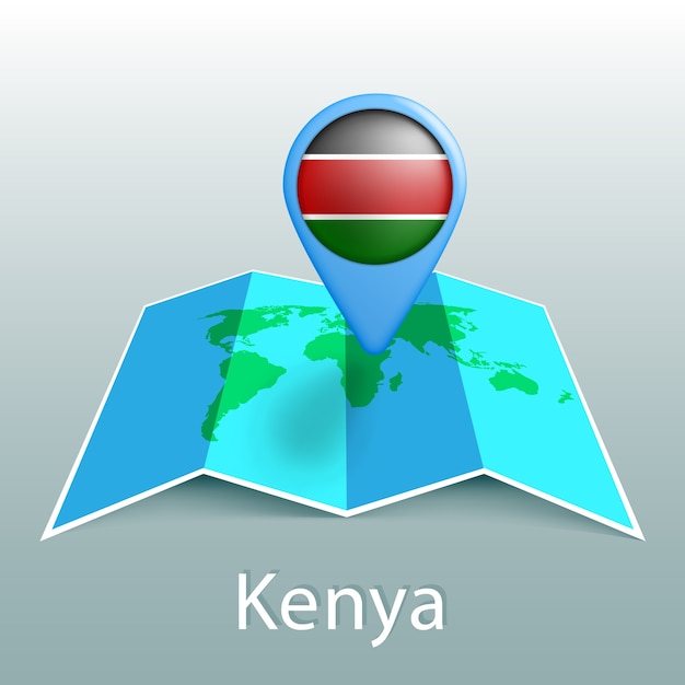 Vector kenya flag world map in pin with name of country on gray background