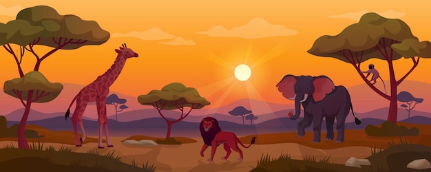 Vector kenya sunset africa plaine landscape animal silhouettes in meadow african safari prairie wildlife giraffe savannah wilderness panoramic background ingenious vector illustration of africa landscape