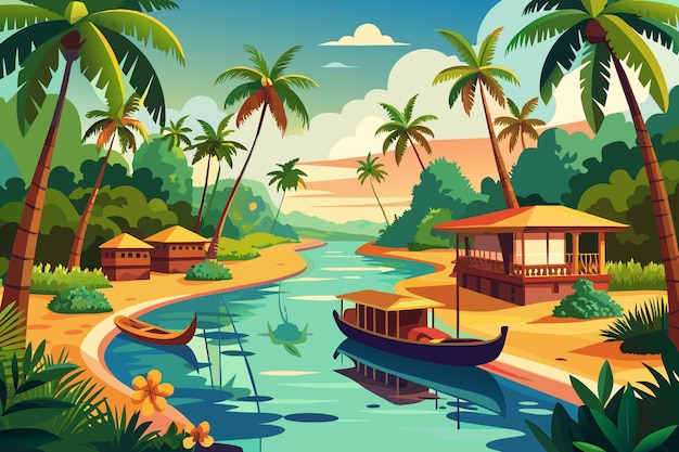 Kerala Backwater Landscape cartoon vector Illustration flat style artwork concept