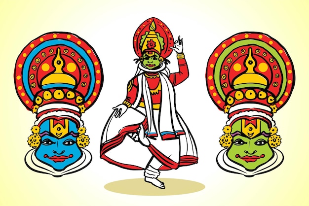 Vector kerala traditional folk dance kathakali, illustration of colorful kathakali dancer.