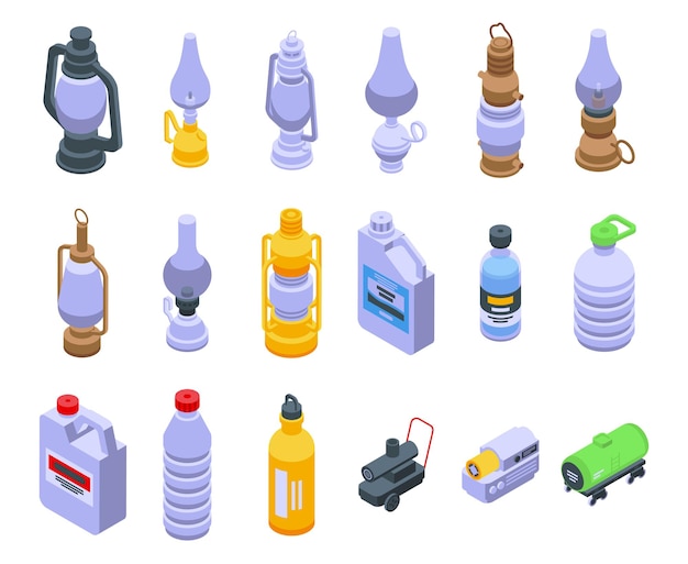 Kerosene icons set. Isometric set of kerosene vector icons for web design isolated on white background