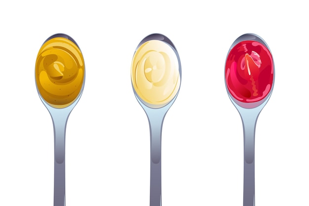 Vector ketchup mayonnaise mustard sauces in the spoons set