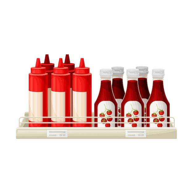 Ketchup plastic bottles standing on supermarket shelf vector illustration