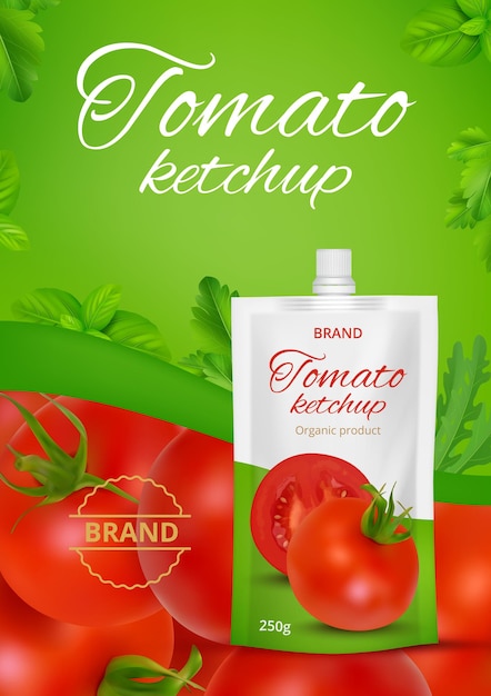 Vector ketchup poster ads label for tomato sauces packages decent vector realistic placard template illustration of sauce ad poster ketchup tomato