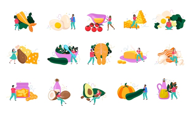 Keto diet flat recolor set of small human characters using meat fish vegetables fruits oil eggs for nutrition isolated vector illustration