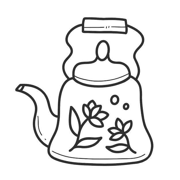 Kettle doodle Vintage teapot with flowers in a linear style Vector isolated illustration