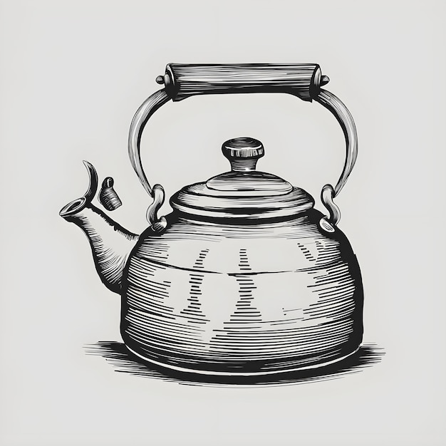 Kettle ink sketch drawing black and white engraving style vector illustration