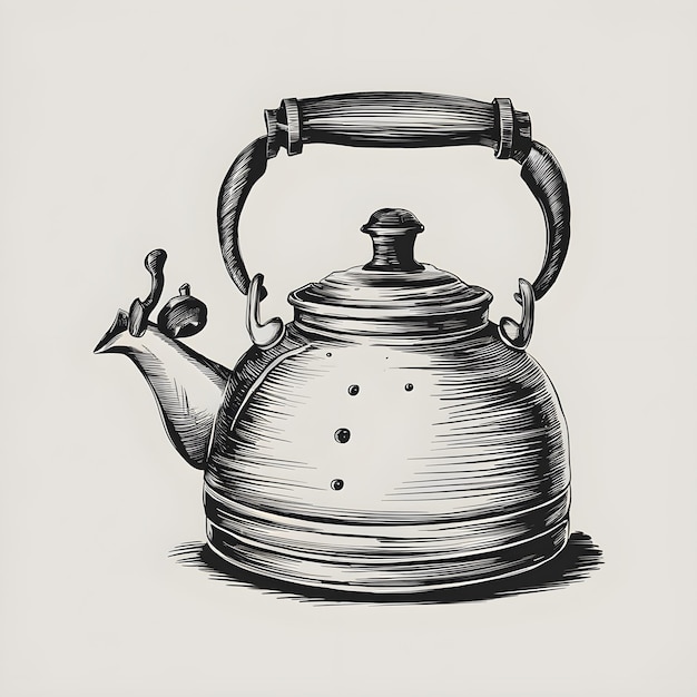 Kettle vector pencil ink sketch drawing black and white monochrome engraving style