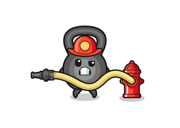 Kettlebell cartoon as firefighter mascot with water hose