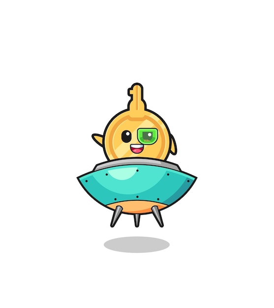 Key cartoon riding a future spaceship  cute design