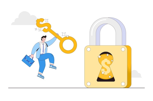 Vector key to financial success and prosperity unlock secret reward to gain profit wealth solution concepts smart businessman investor holding huge golden key to unlock padlock with money coin inside