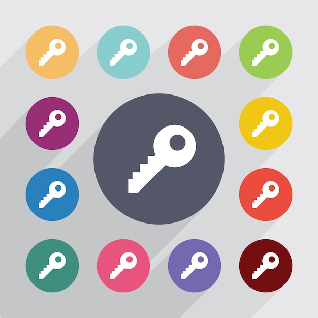 Key, flat icons set. Round colourful buttons. Vector