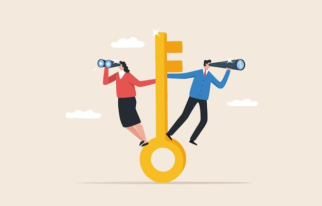 Key to Opportunity Seizing opportunities achieving success Leadership vision motivation and inspiration concept Businessman standing on giant key and holding binoculars