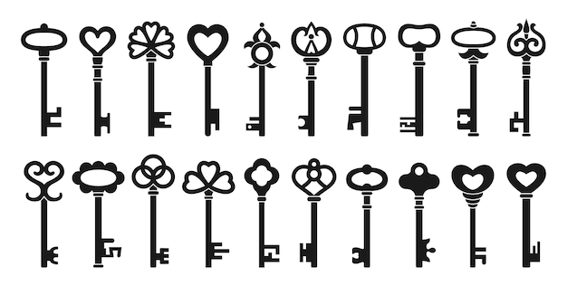 Key silhouette icon set safety security protection vintage antique design retro modern stamp symbol