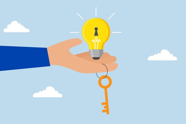 Vector key to success businessman is handing a bright lightbulb idea with a keyhole and a golden key to unlock it