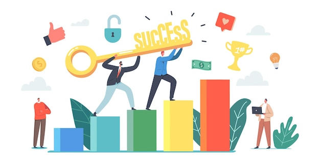 Vector key to success, challenge, partnership and leadership concept. business people climbing up financial graph and chart stairs. career ladder, characters teamwork cooperation. cartoon vector illustration