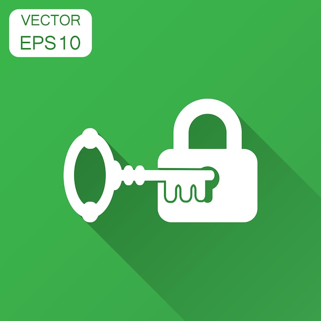 Vector key with padlock icon in flat style access login vector illustration with long shadow lock keyhole business concept