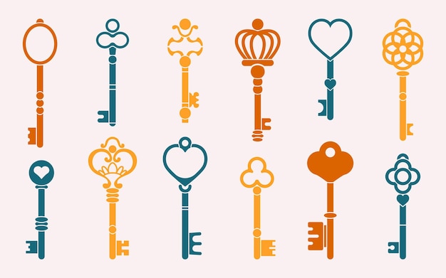 Keys collection Antic and modern home and office keys silhouettes and forms key logo graphic template Vector isolated set