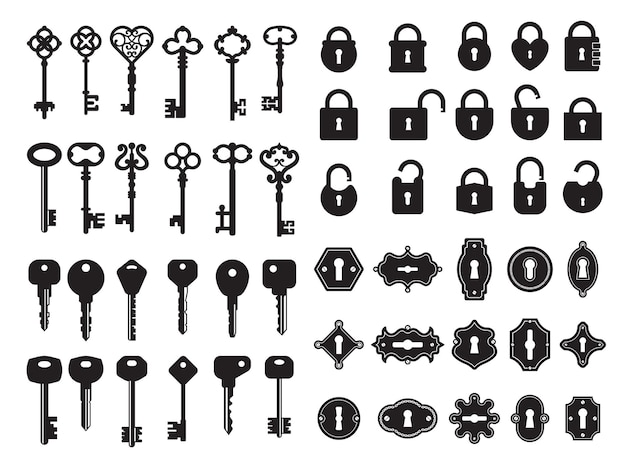 Keys and keyhole Logo collection of modern and retro house keys secret gate padlock vector badges Illustration of padlock and key keyhole silhouette security