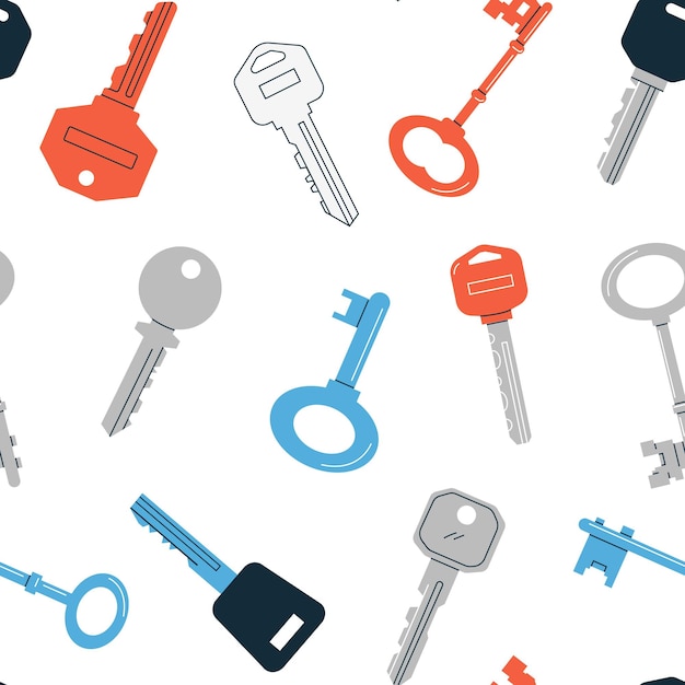 Keys pattern Seamless print of doodle vintage key collection of different shapes sizes and various heads Vector texture