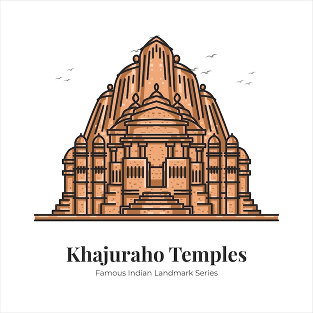 Khajuraho Temples Indian Famous Iconic Landmark Cartoon Line Art Illustration