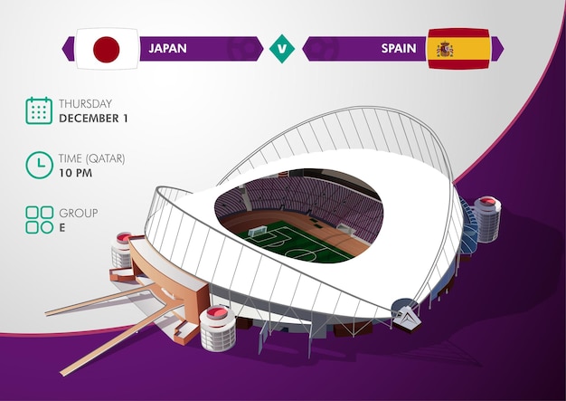 Khalifa International Soccer stadiums vector buildings with match schedule of Japan vs Spain