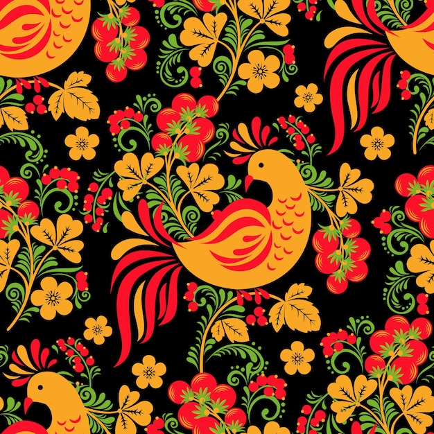 Khokhloma seamless pattern with berries leaves and birds on black background