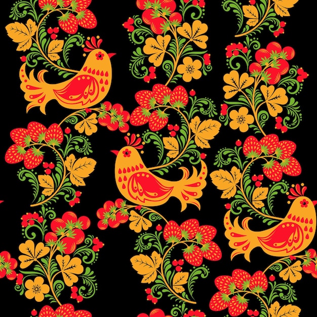 Khokhloma seamless pattern with berries leaves and birds on black background