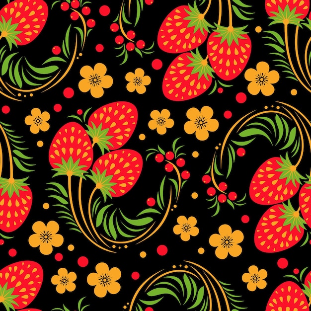 Khokhloma seamless pattern with berries and leaves on black background