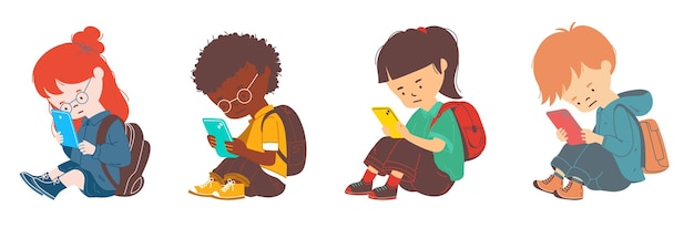 Vector kid addicted to gadget and smartphonesmartphone addiction in children set