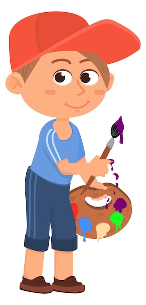 Kid artist character Cute boy holding pallette and brush