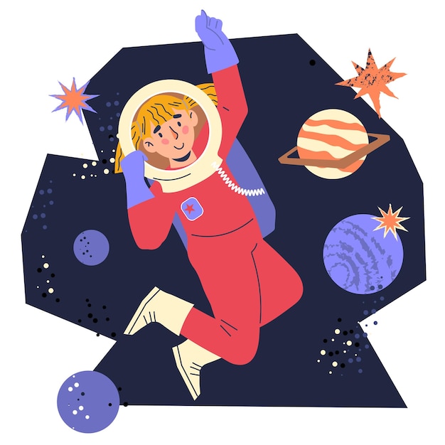 Kid astronauts happy little child space explorer cosmonaut among planets in zero gravity vector