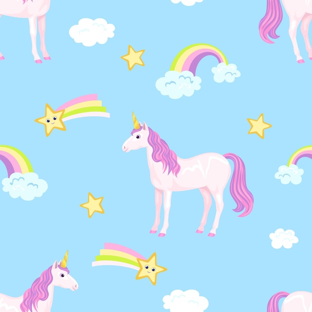 Kid background with unicorn, stars and rainbow