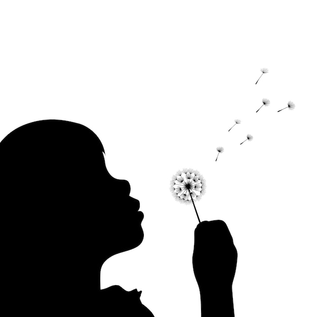 Vector kid blowing dandelion silhouette little girl blowing dandelion seeds