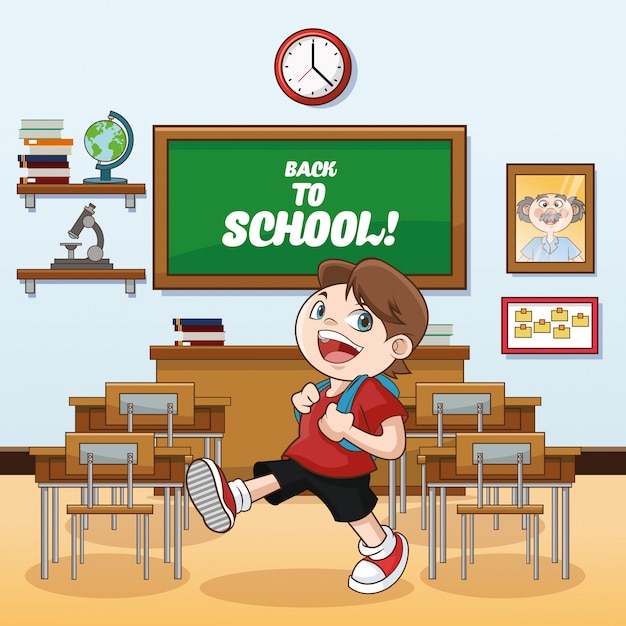 Kid boy classroom back to school cartoon icon